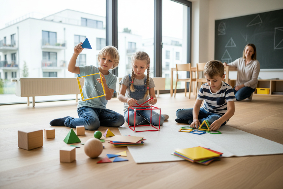 Alltagsszenen zeigen, wie Kinder geometrische Formen entdecken, vergleichen und mit eigenen Händen nachbauen.