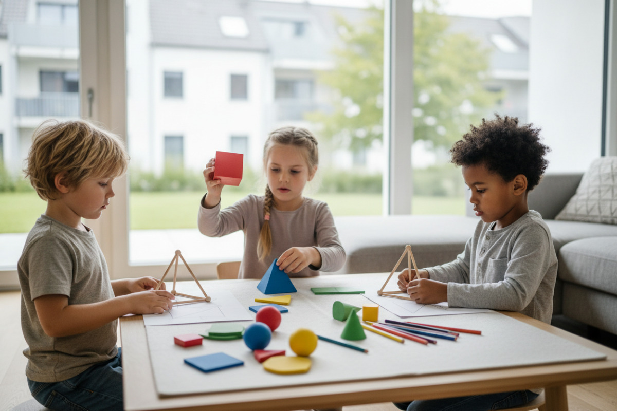 Alltagsszenen zeigen, wie Kinder geometrische Formen entdecken, vergleichen und mit eigenen Händen nachbauen.
