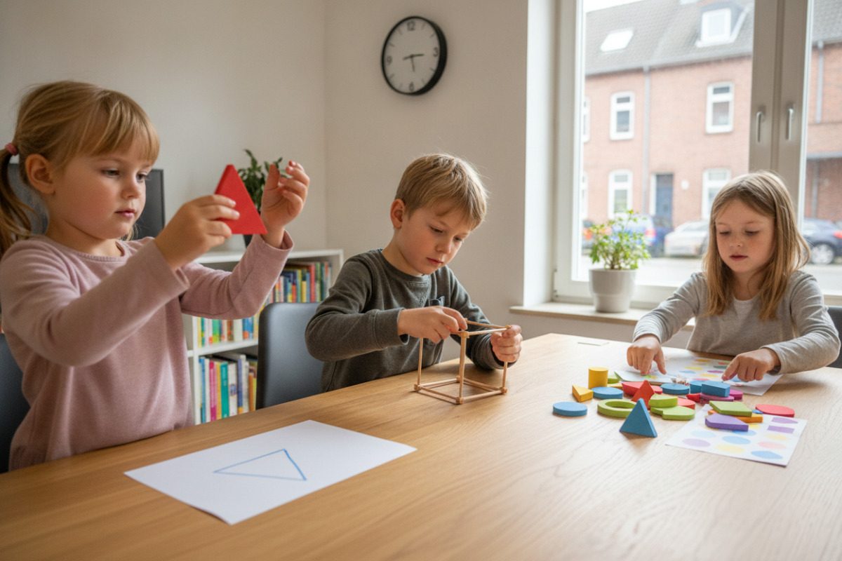 Alltagsszenen zeigen, wie Kinder geometrische Formen entdecken, vergleichen und mit eigenen Händen nachbauen.