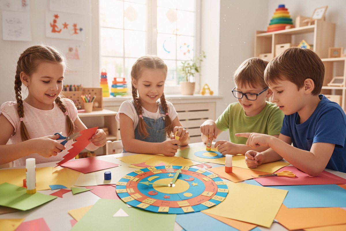 Kinder basteln eine Countdown-Uhr aus Papier