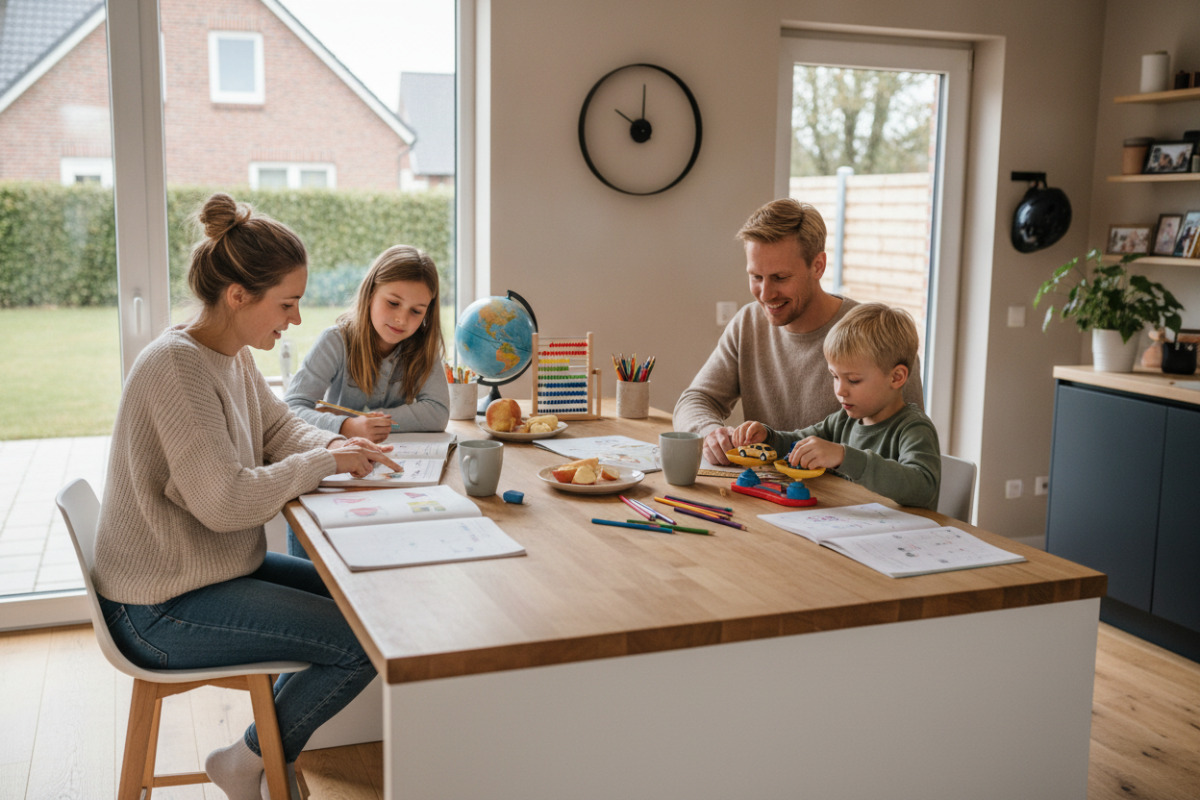Die Bilder zeigen, wie Lesen, Rechnen, Messen und Hausaufgaben im Familienalltag entspannt begleitet werden können.