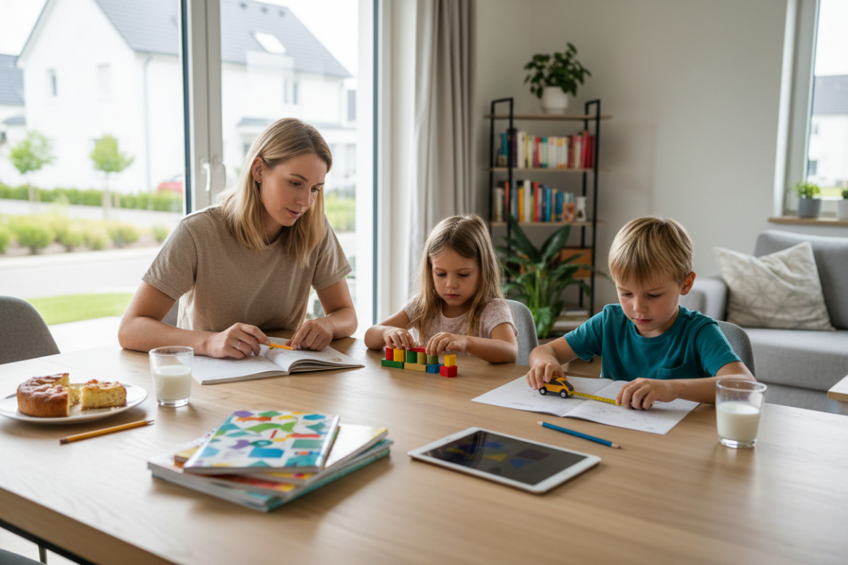 Die Bilder zeigen, wie Lesen, Rechnen, Messen und Hausaufgaben im Familienalltag entspannt begleitet werden können.