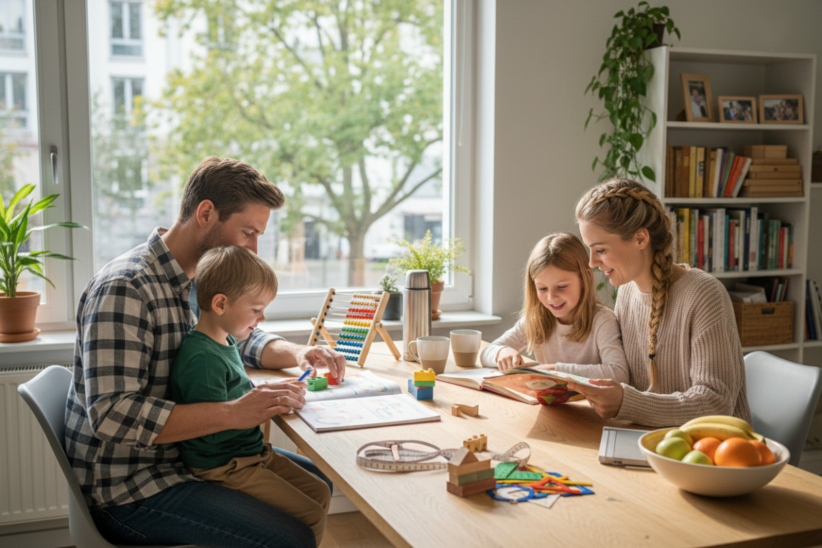 Die Bilder zeigen, wie Lesen, Rechnen, Messen und Hausaufgaben im Familienalltag entspannt begleitet werden können.