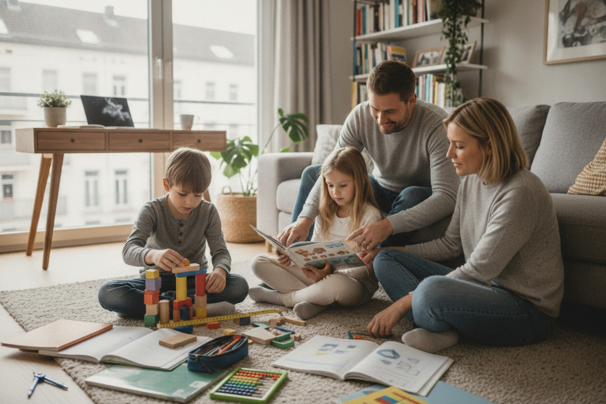 Die Bilder zeigen, wie Lesen, Rechnen, Messen und Hausaufgaben im Familienalltag entspannt begleitet werden können.