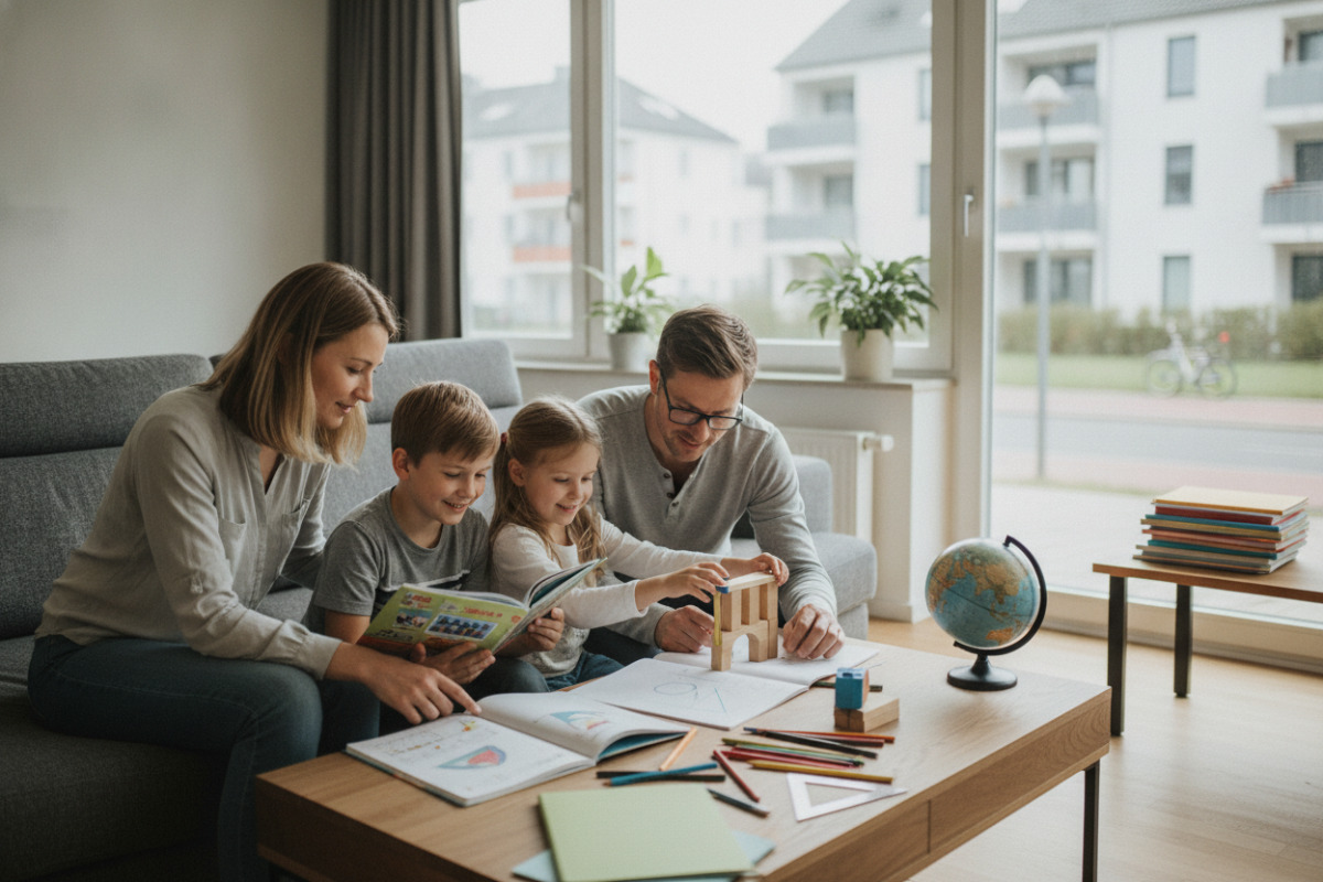 Die Bilder zeigen, wie Lesen, Rechnen, Messen und Hausaufgaben im Familienalltag entspannt begleitet werden können.