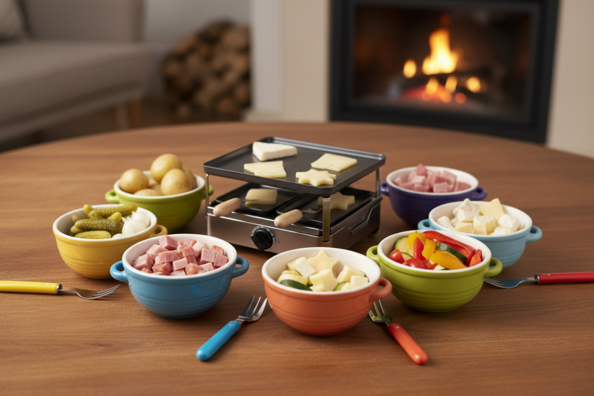 Raclette-Zutaten kindgerecht in Schälchen auf dem Tisch