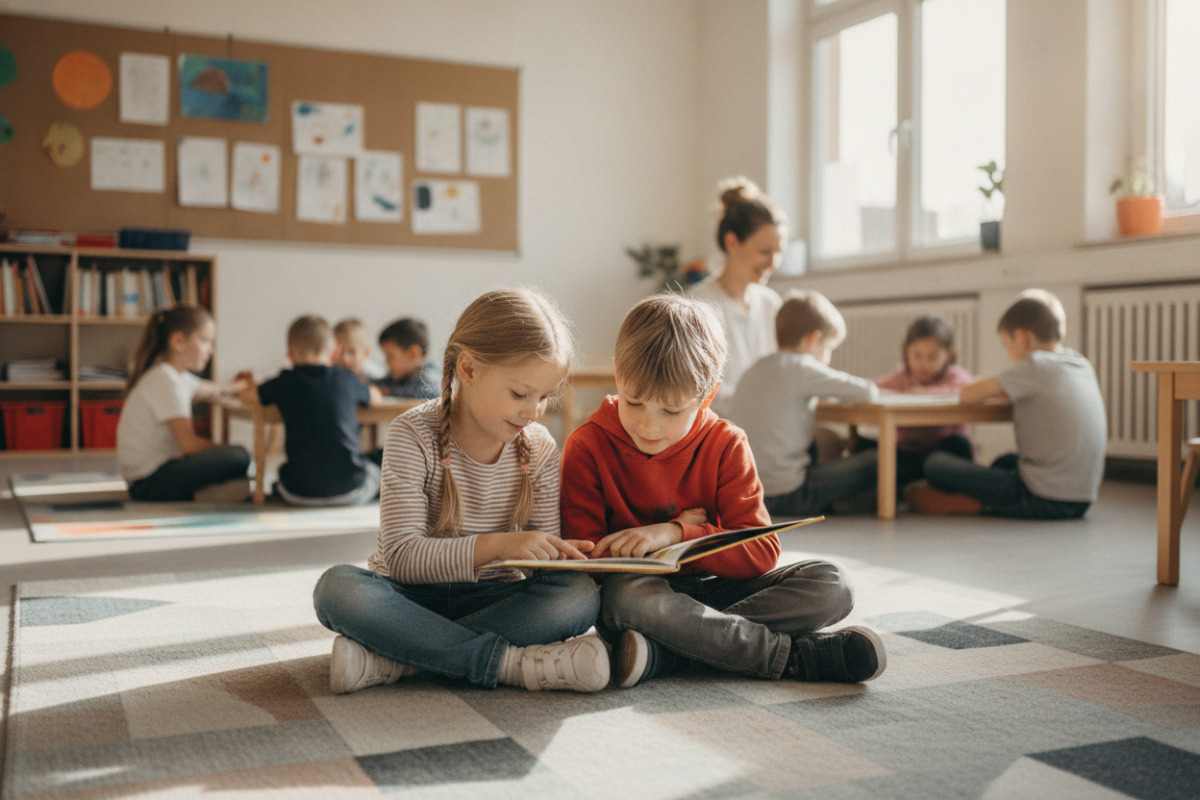 Abb. Partnerlesen kann entlasten, weil Kinder sich gegenseitig Halt geben.