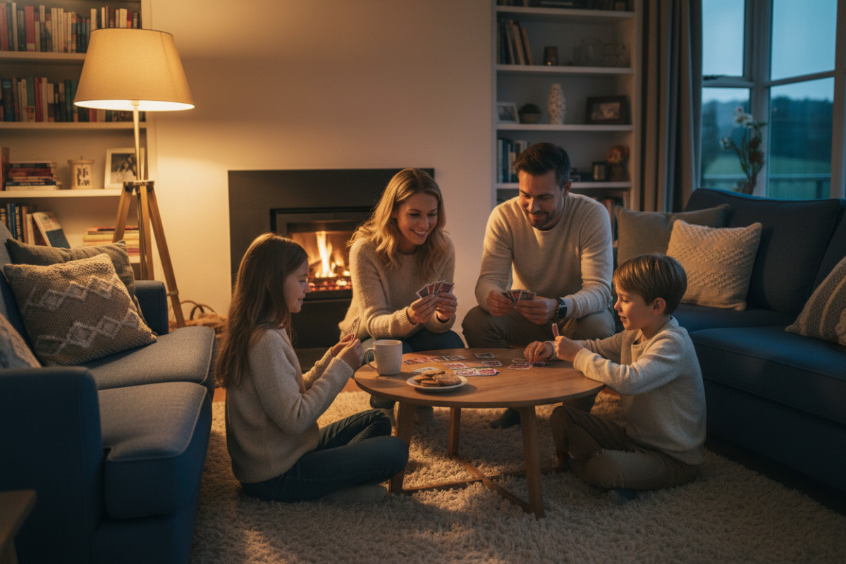 Familie spielt Karten bei warmem Licht im Wohnzimmer