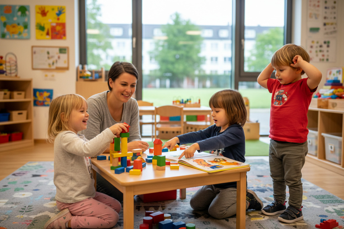 Alltagsszenen, in denen Vorschulkinder Aufmerksamkeit, Sprache, Bewegung und Feinmotorik spielerisch verbinden.