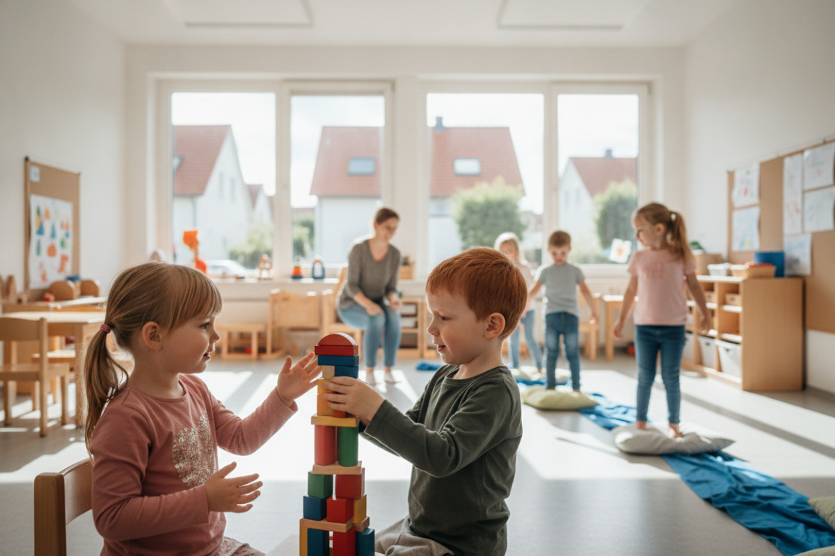 Alltagsszenen, in denen Vorschulkinder Aufmerksamkeit, Sprache, Bewegung und Feinmotorik spielerisch verbinden.