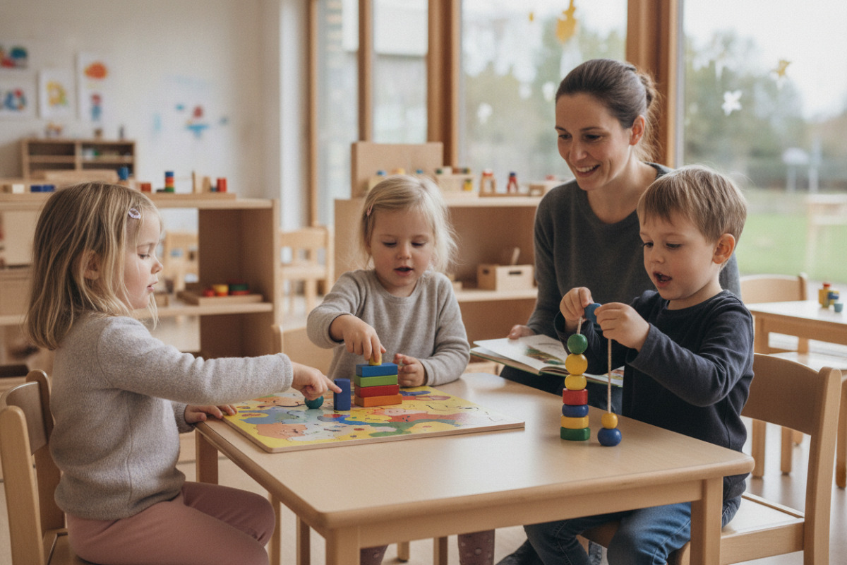 Alltagsszenen, in denen Vorschulkinder Aufmerksamkeit, Sprache, Bewegung und Feinmotorik spielerisch verbinden.