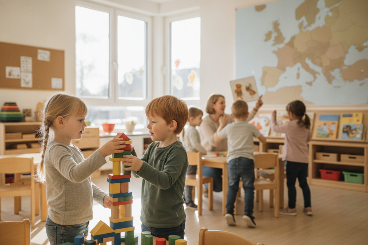 Alltagsszenen, in denen Vorschulkinder Aufmerksamkeit, Sprache, Bewegung und Feinmotorik spielerisch verbinden.