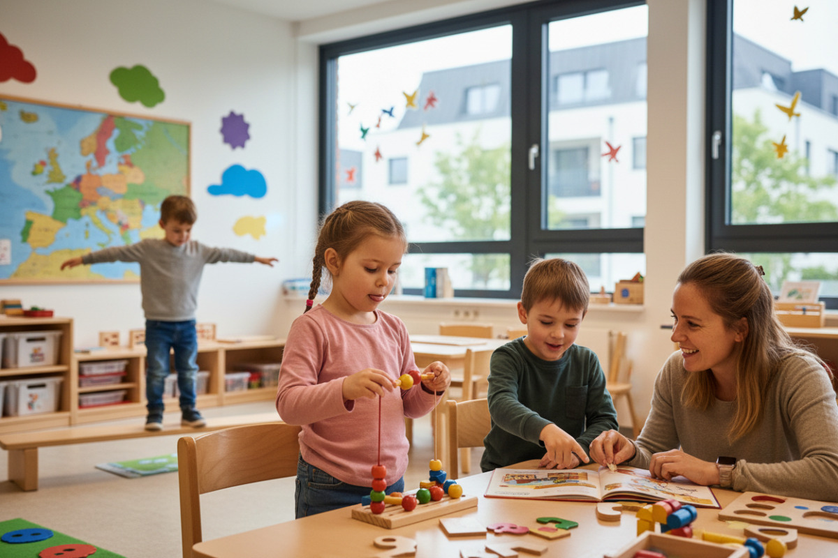 Alltagsszenen, in denen Vorschulkinder Aufmerksamkeit, Sprache, Bewegung und Feinmotorik spielerisch verbinden.
