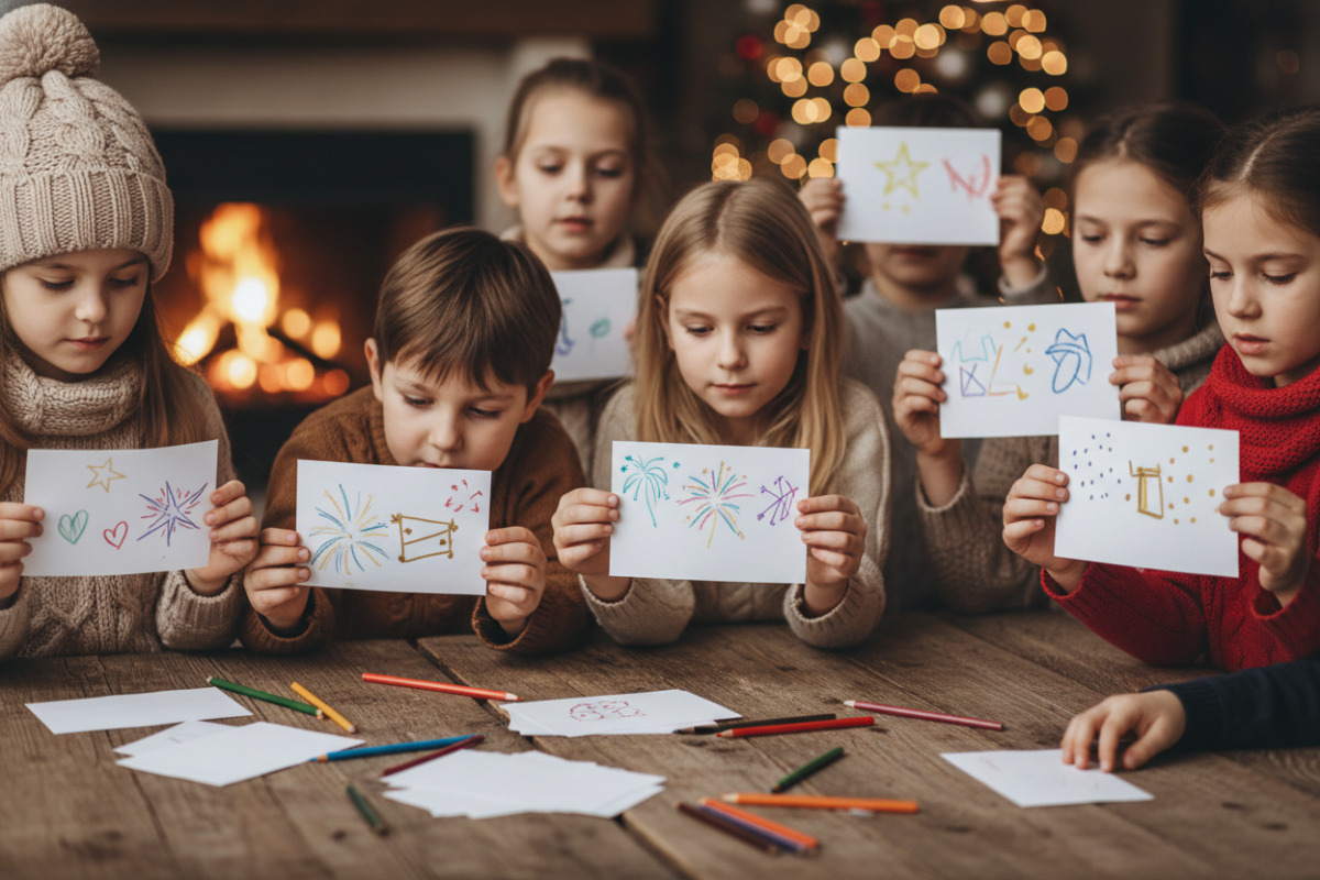 Kinder schreiben Neujahrswünsche auf kleine Zettel