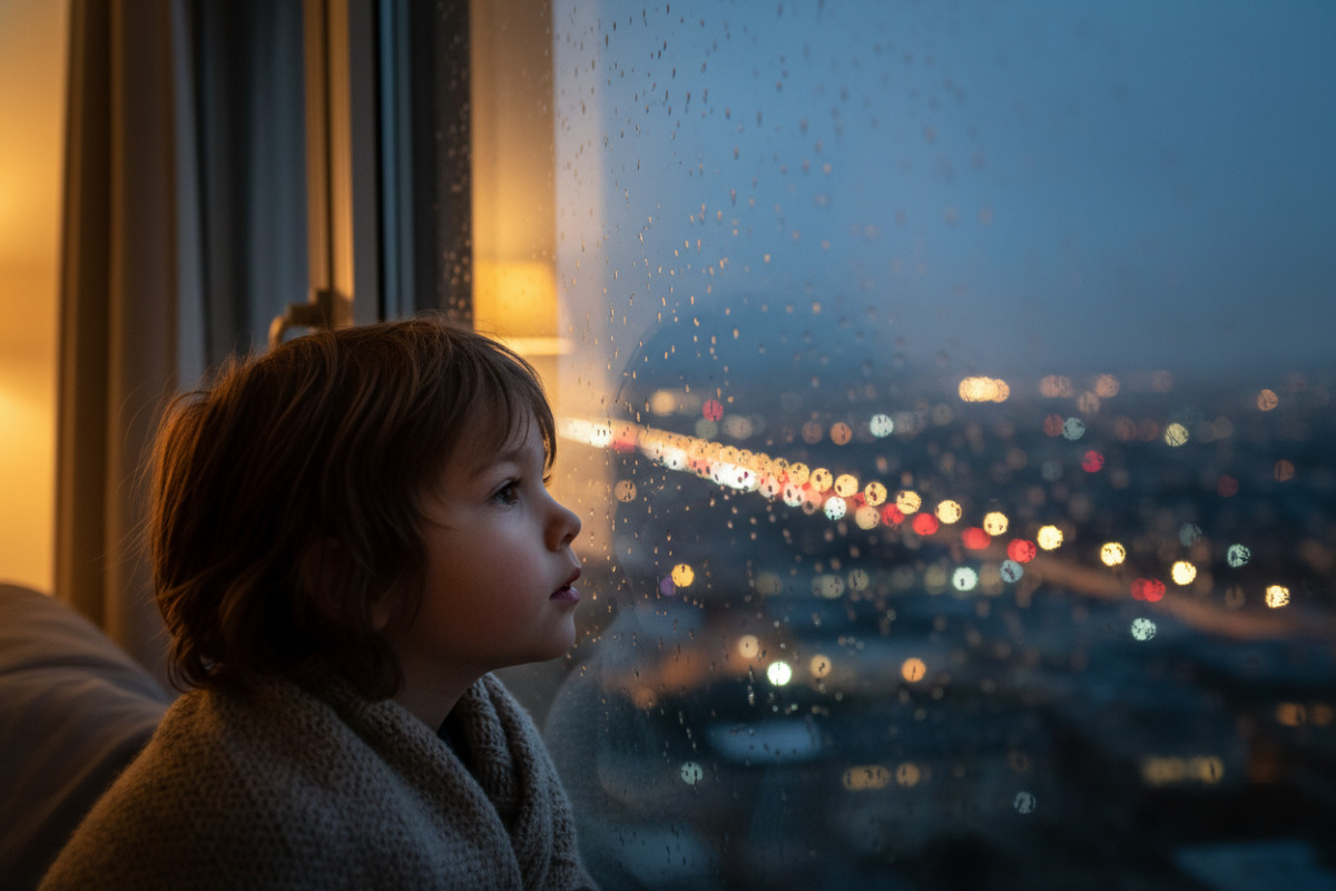 Kind schaut aus dem Fenster auf Lichter in der Ferne