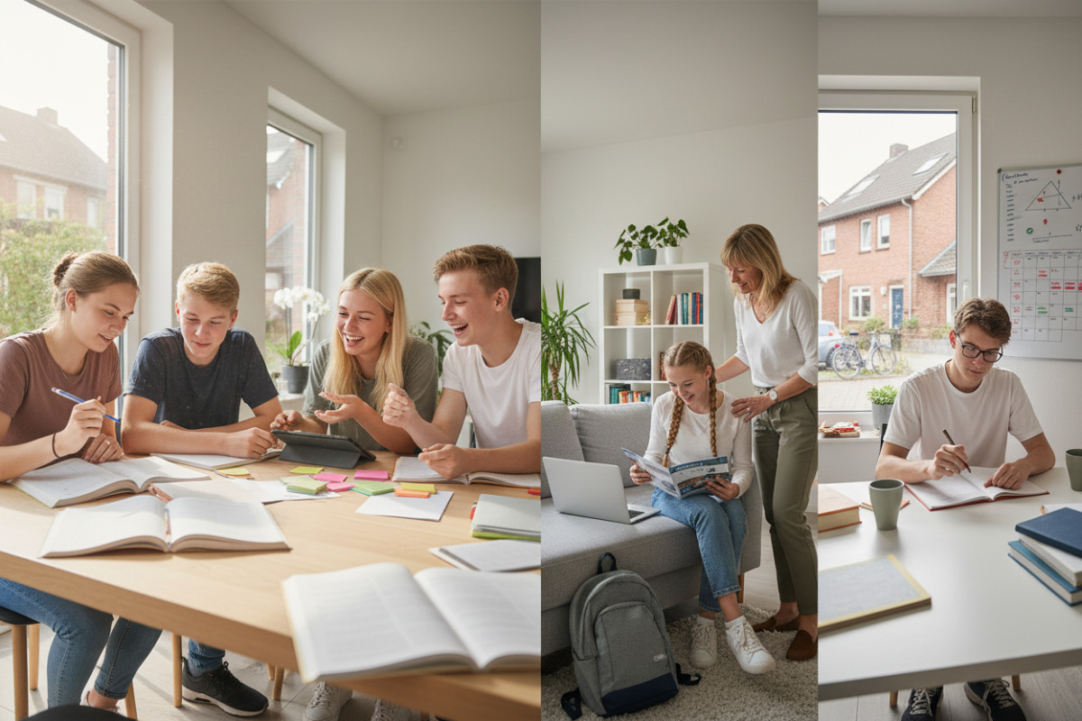 Die Bilder zeigen Stationen auf dem Weg zum Abitur Lernen, Begleitung, Austausch und ruhige Planung.