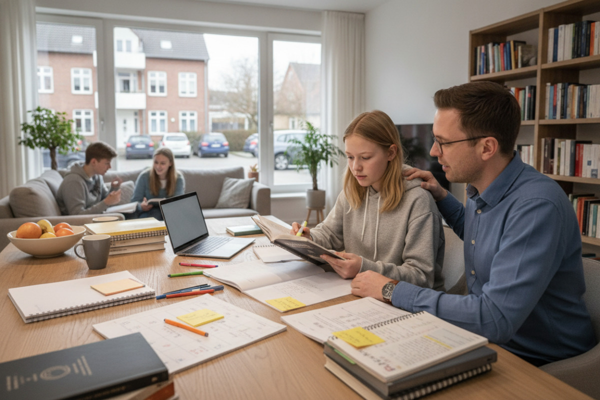 Die Bilder zeigen Stationen auf dem Weg zum Abitur Lernen, Begleitung, Austausch und ruhige Planung.
