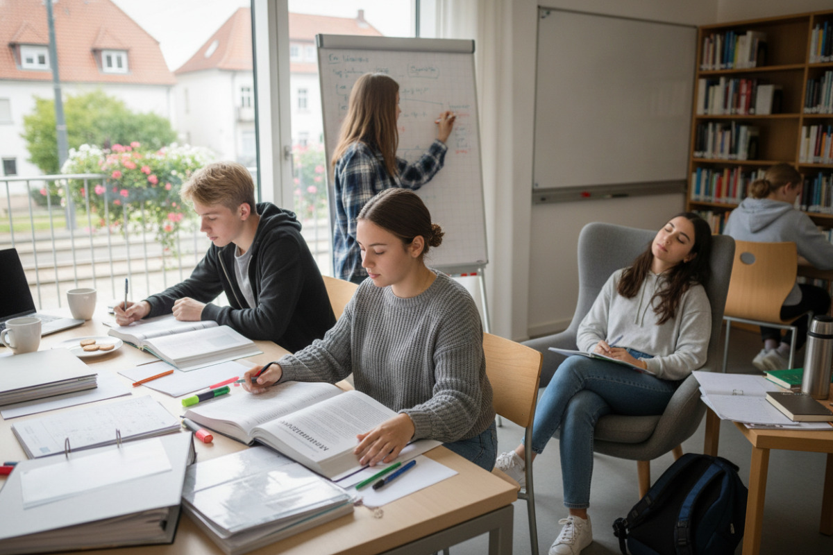 Die Bilder zeigen Stationen auf dem Weg zum Abitur Lernen, Begleitung, Austausch und ruhige Planung.