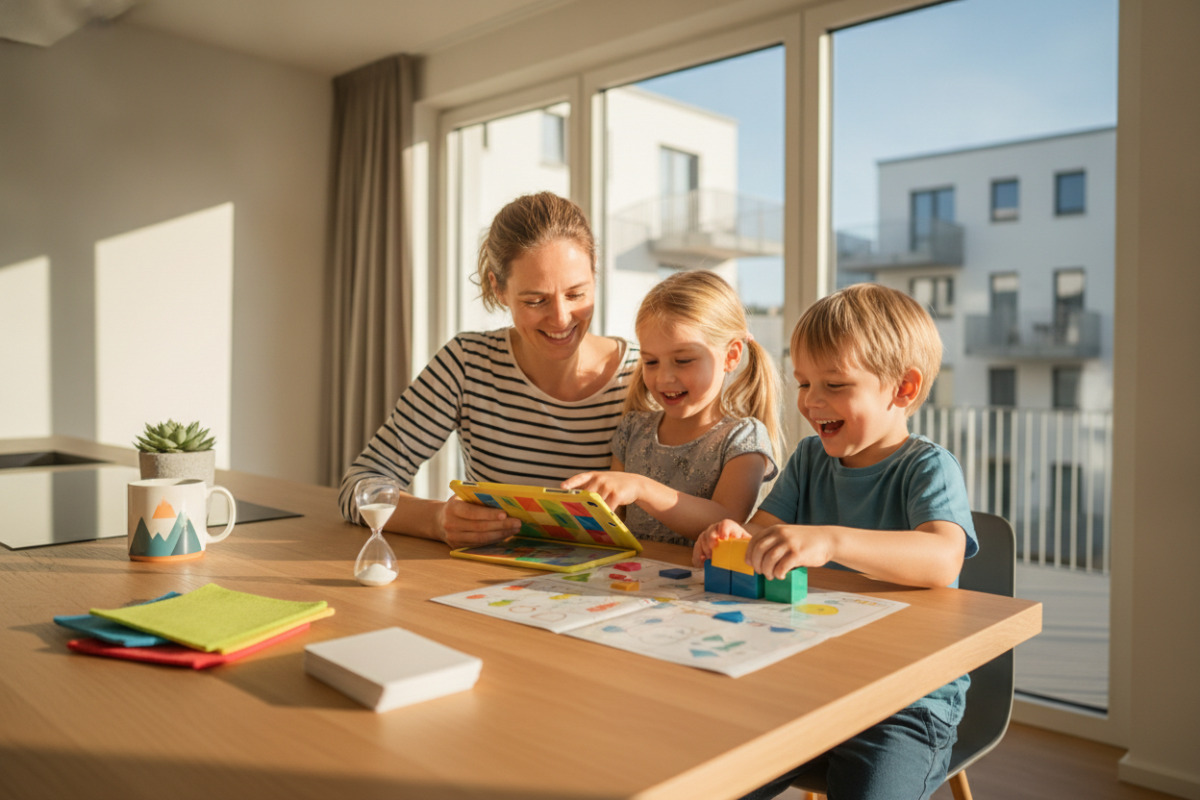 Kurze Lernmomente, spielerische Aufgaben und ein klarer Abschluss machen Mathe im Familienalltag leichter.