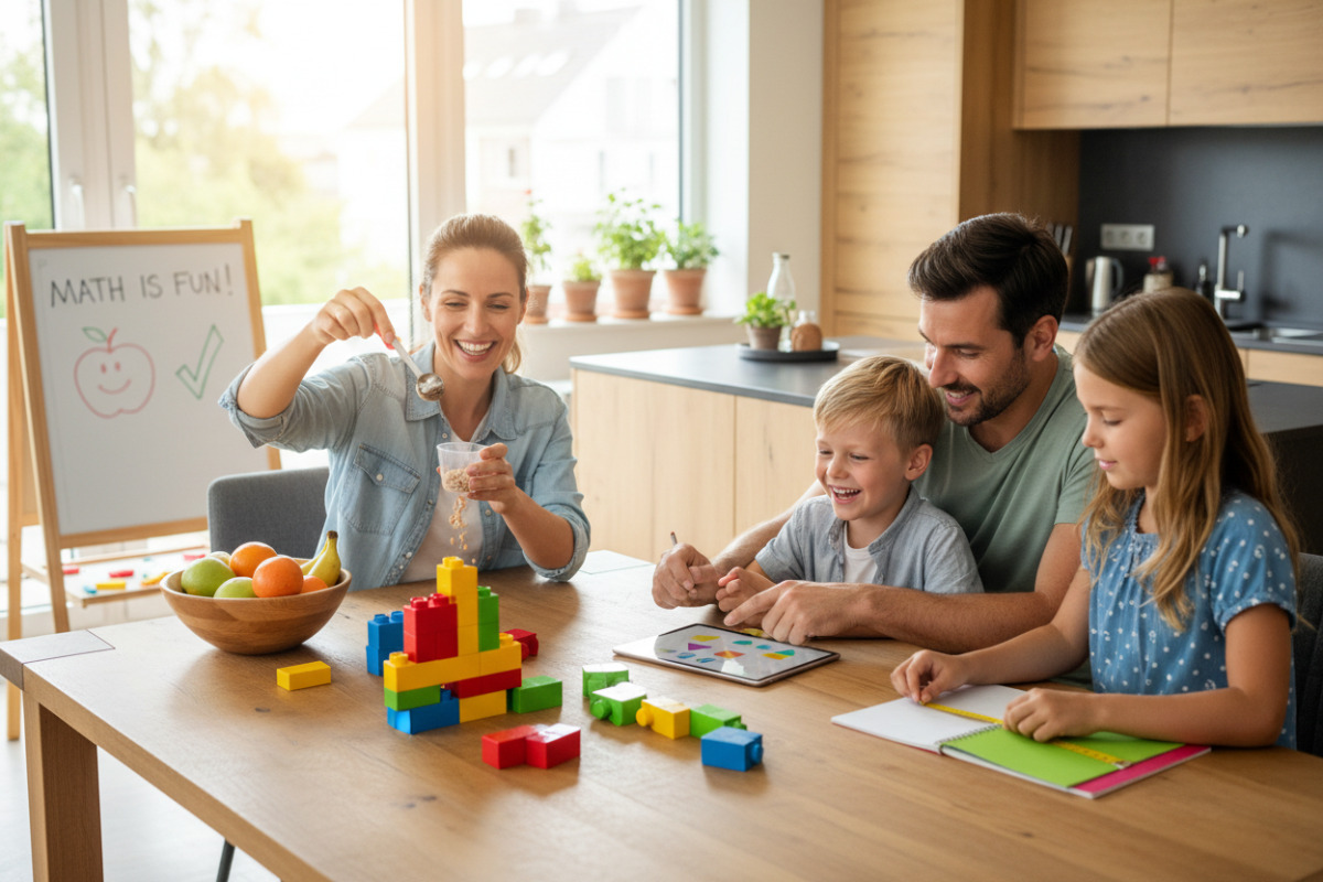 Kurze Lernmomente, spielerische Aufgaben und ein klarer Abschluss machen Mathe im Familienalltag leichter.