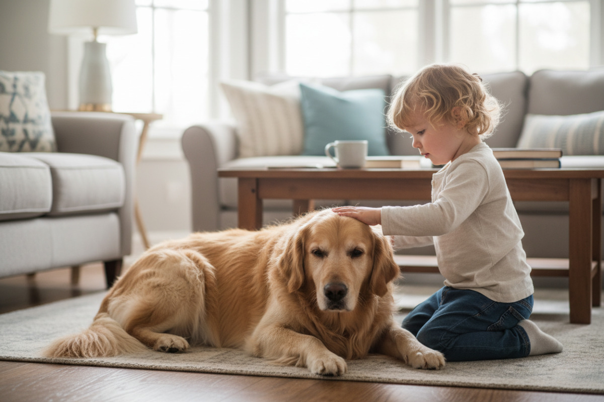 Kind streichelt Familienhund im Wohnzimmer
