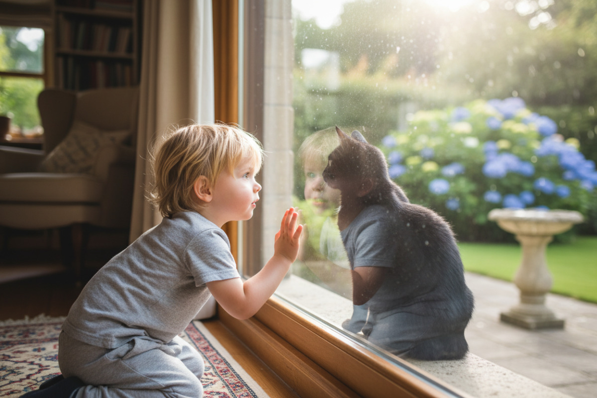 Kind beobachtet Katze auf dem Fensterbrett