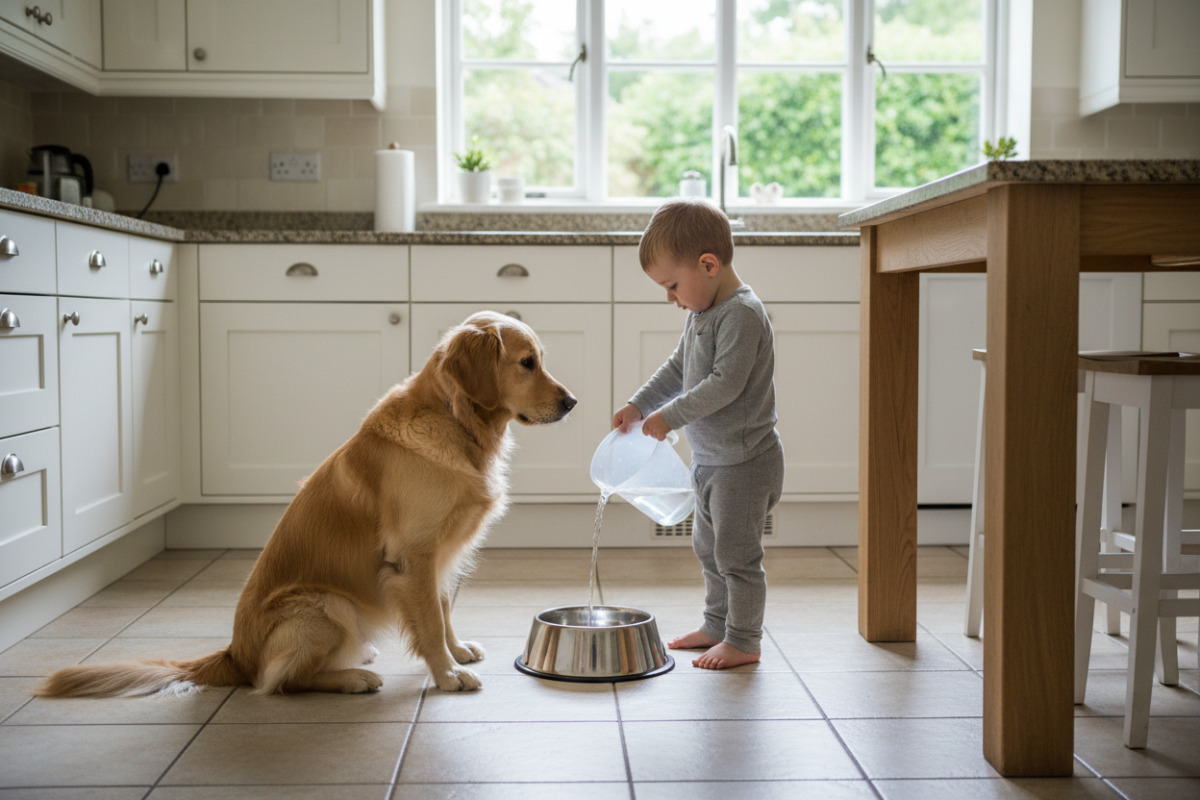 Kind füllt Wassernapf für Hund in der Küche