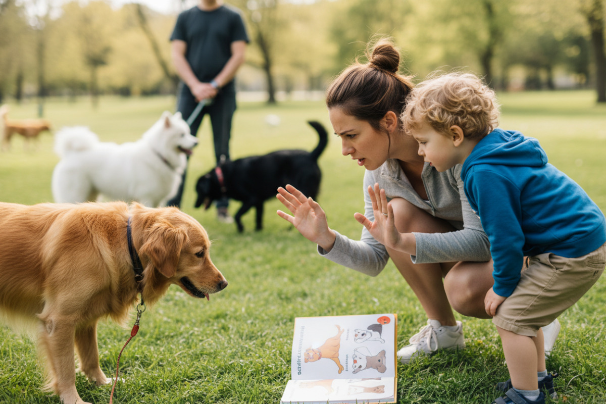 Elternteil erklärt Kind Körpersprache des Hundes
