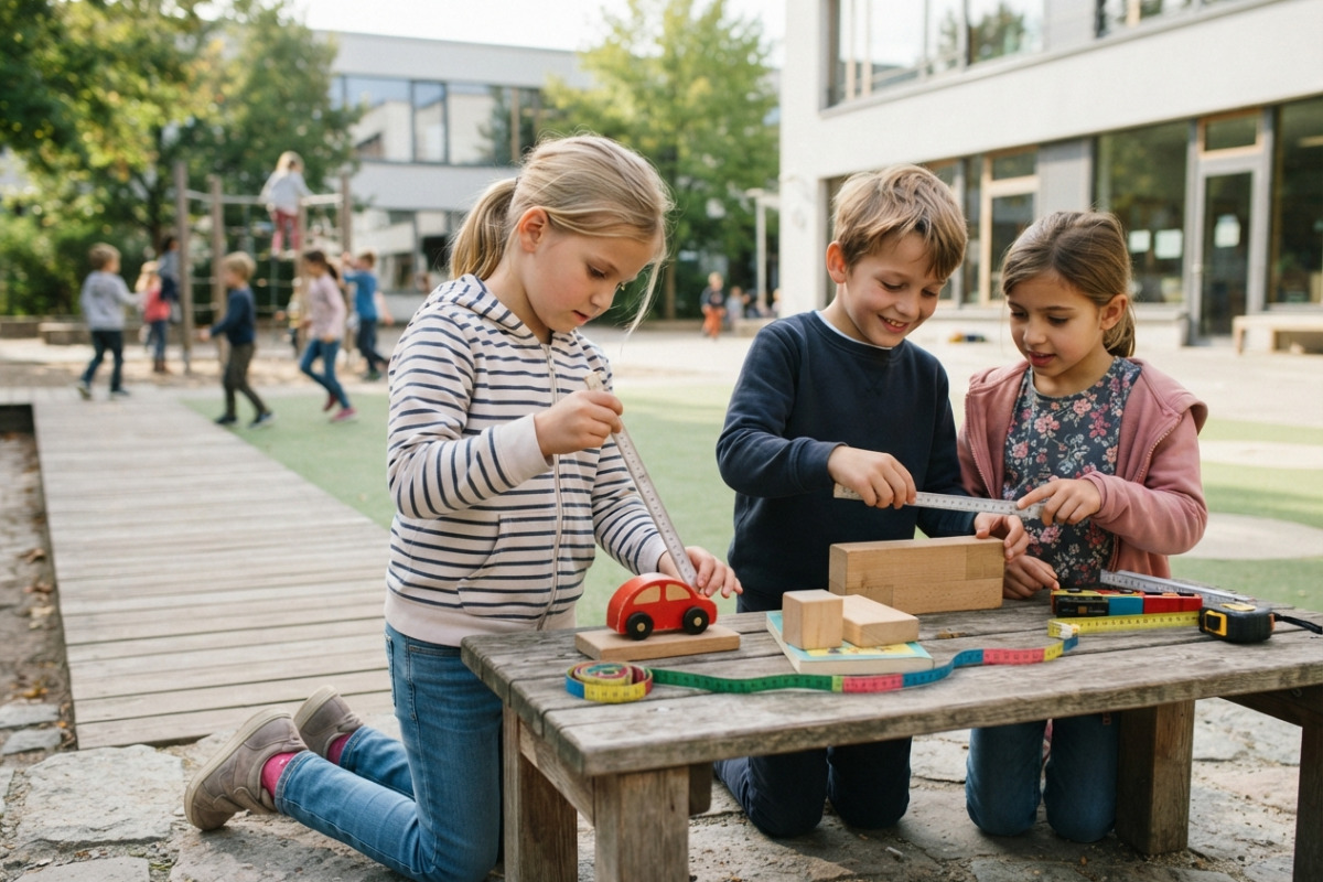 Alltagsszenen zeigen, wie Kinder Längen messen, vergleichen und dadurch Meter und Zentimeter besser verstehen.