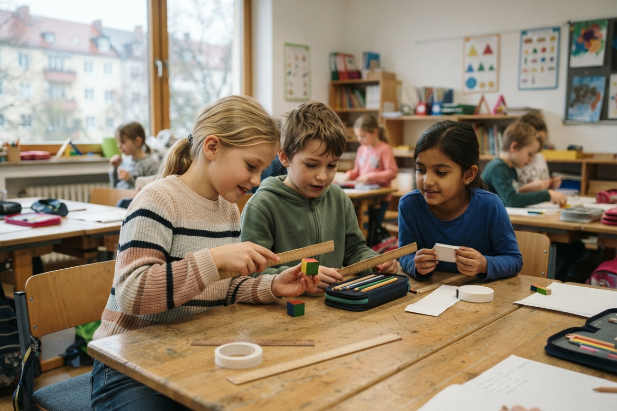 Alltagsszenen zeigen, wie Kinder Längen messen, vergleichen und dadurch Meter und Zentimeter besser verstehen.