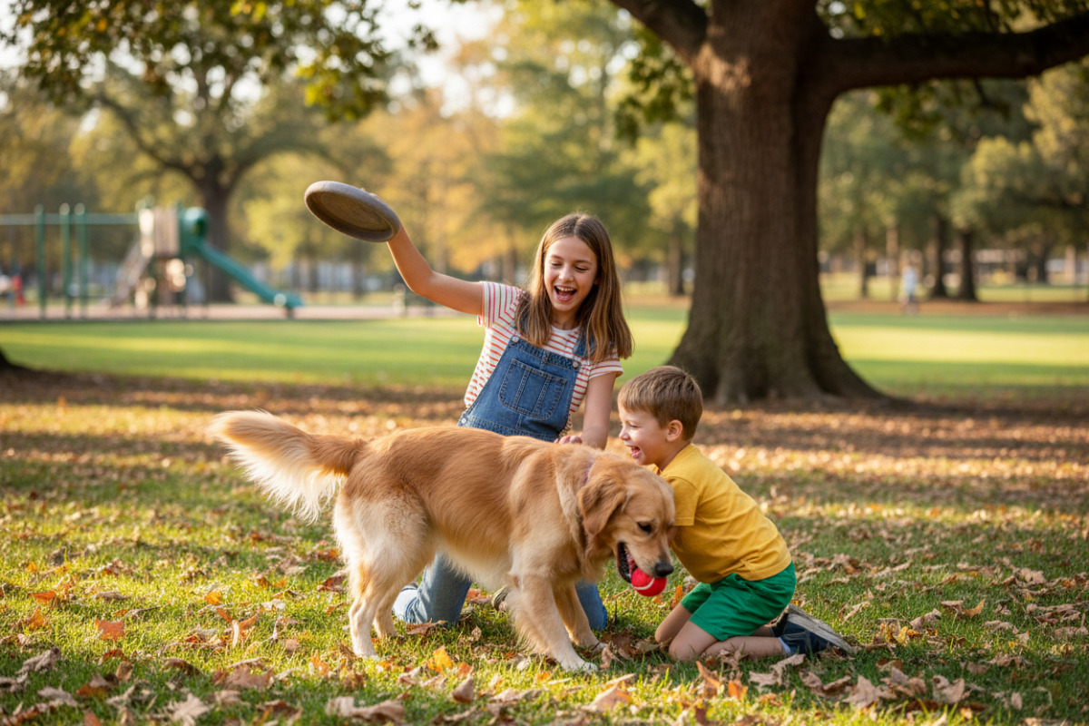 Zwei Geschwister spielen gemeinsam mit dem Hund
