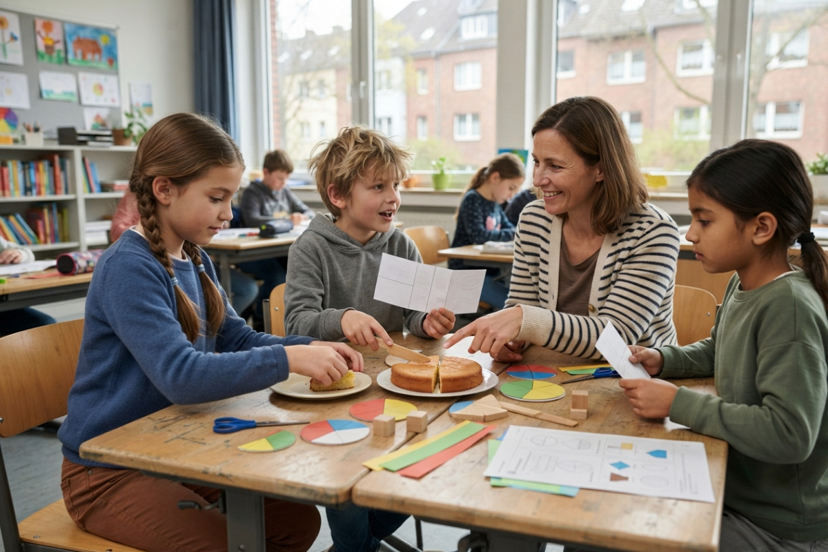 Alltagssituationen zeigen, wie Kinder Drittel durch Teilen, Legen, Falten und gemeinsames Besprechen begreifen.