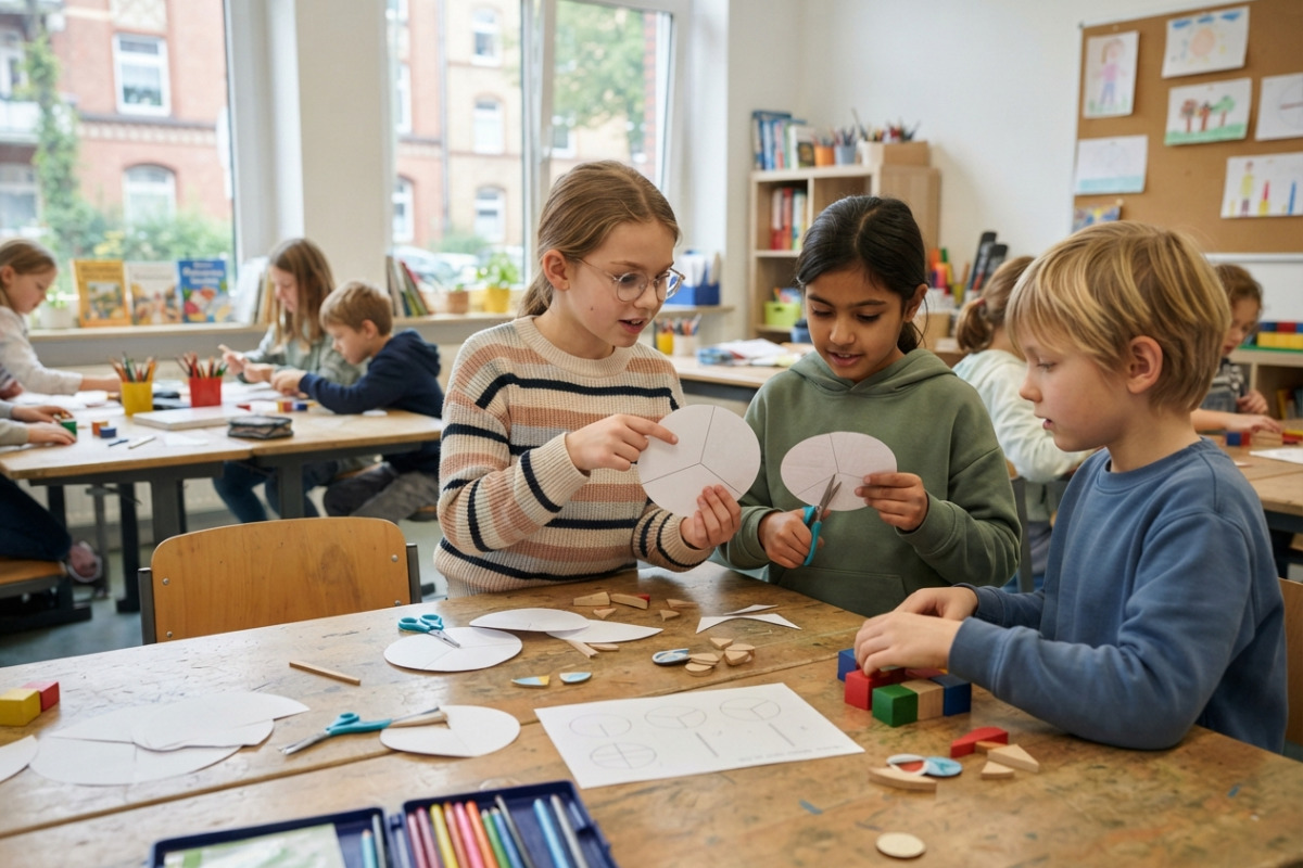 Alltagssituationen zeigen, wie Kinder Drittel durch Teilen, Legen, Falten und gemeinsames Besprechen begreifen.