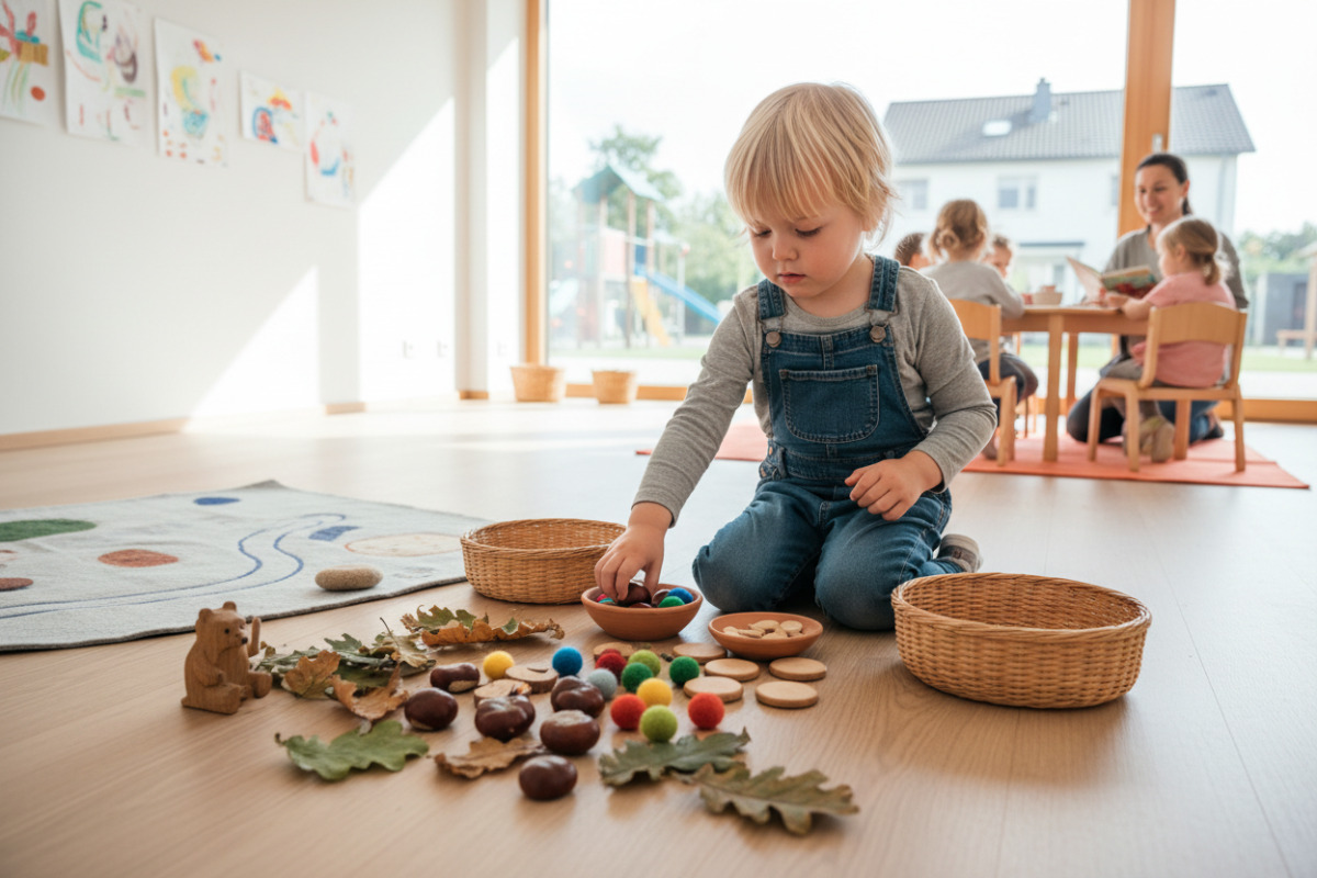 Abb. Ein Kind entdeckt einfache Materialien zum Sortieren, Erzählen und Spielen.