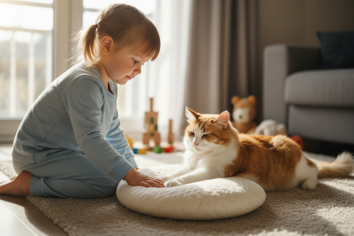 Kind legt der Katze ein ruhiges Kissen hin