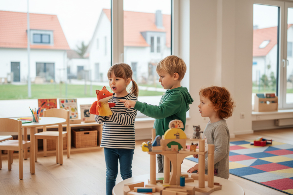 Die Bilder zeigen einfache Alltagssituationen, in denen Vorschulkinder spielerisch Aufmerksamkeit, Sprache und
