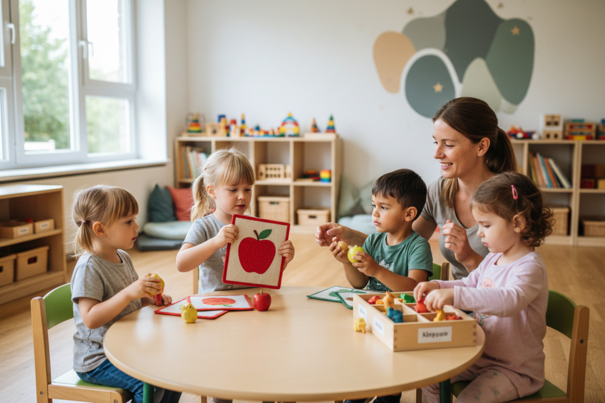 Die Bilder zeigen einfache Alltagssituationen, in denen Vorschulkinder spielerisch Aufmerksamkeit, Sprache und
