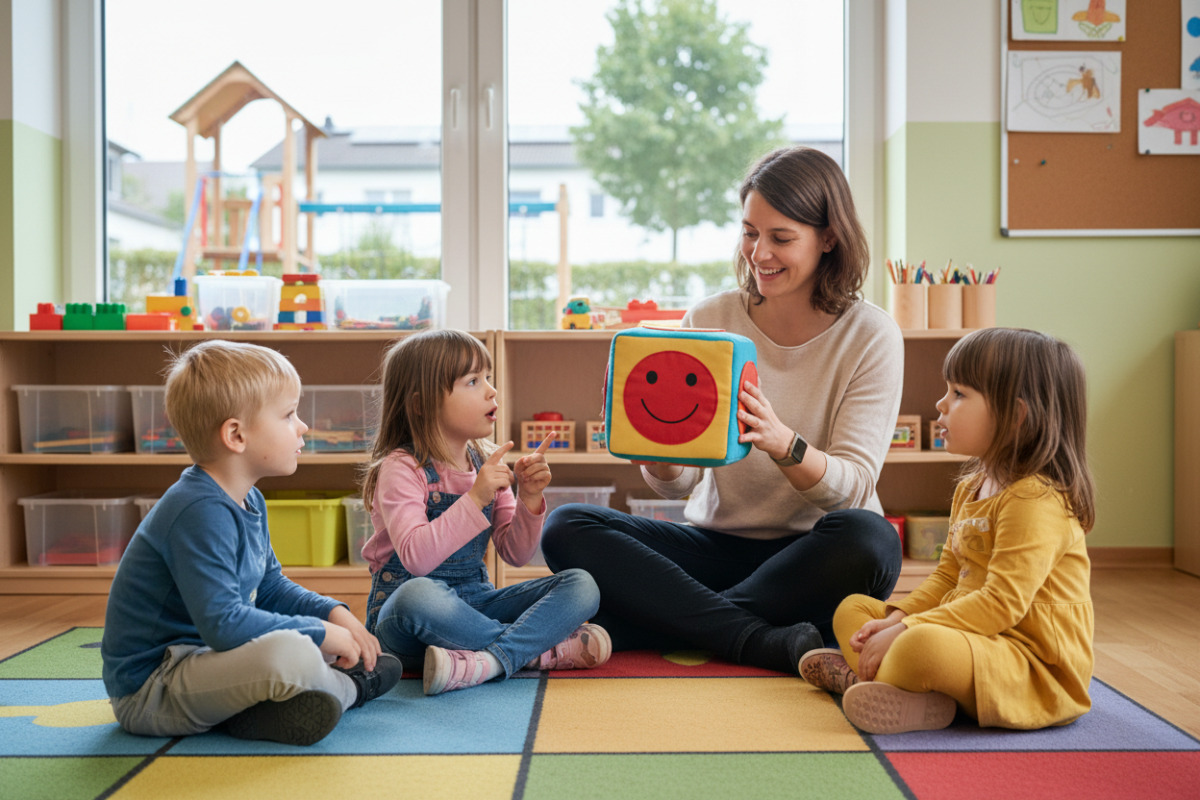 Die Bilder zeigen einfache Alltagssituationen, in denen Vorschulkinder spielerisch Aufmerksamkeit, Sprache und