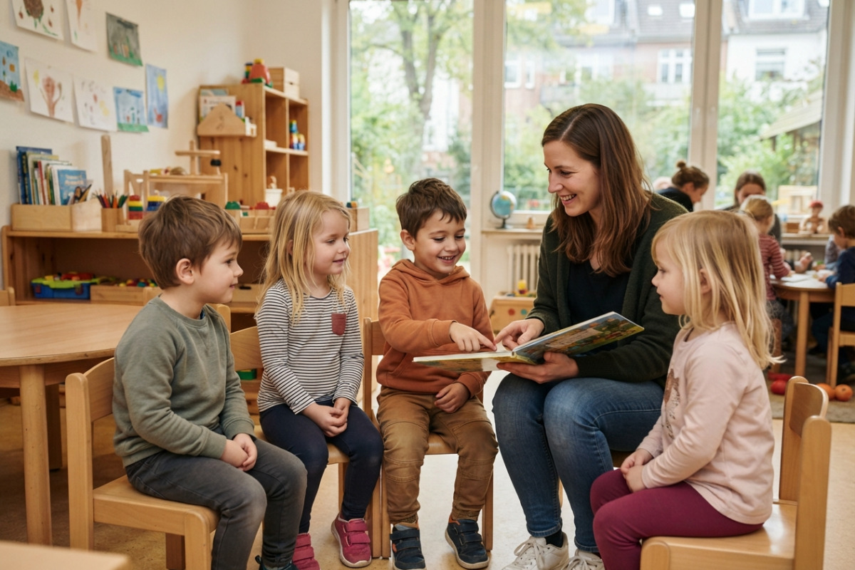 Die Bilder zeigen einfache Alltagssituationen, in denen Vorschulkinder spielerisch Aufmerksamkeit, Sprache und
