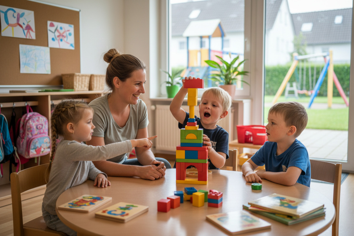 Die Bilder zeigen einfache Alltagssituationen, in denen Vorschulkinder spielerisch Aufmerksamkeit, Sprache und