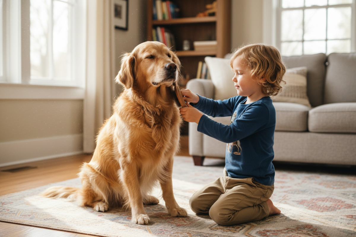 Kind bürstet den Hund behutsam