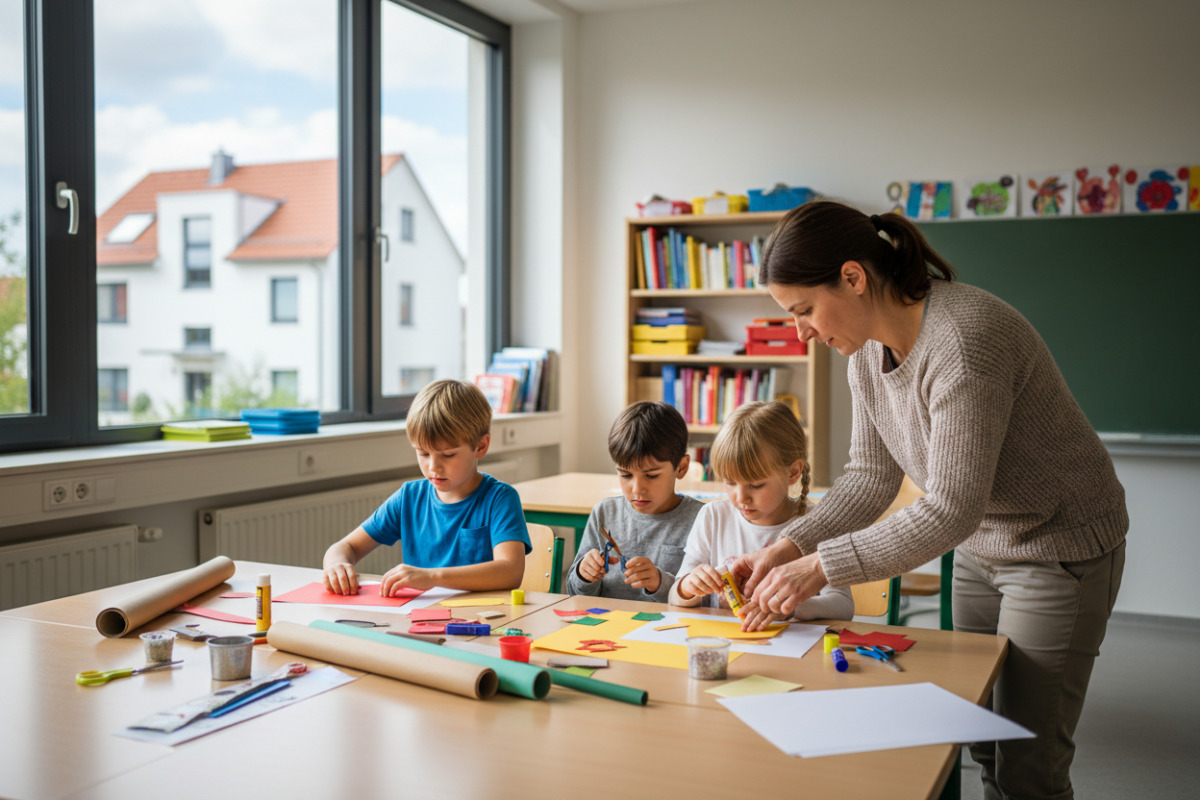 ruhige Übungssituationen zeigen, wie Kinder mit Material, Papier und Begleitung entdecken.