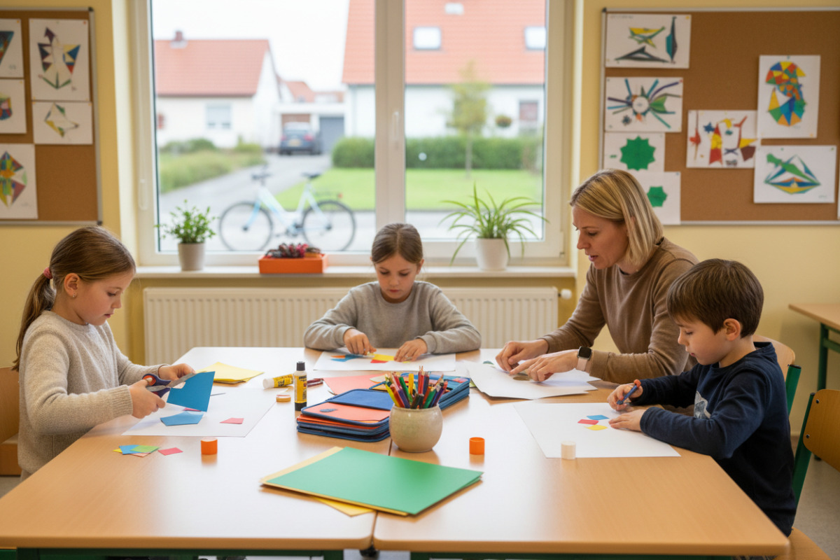 ruhige Übungssituationen zeigen, wie Kinder mit Material, Papier und Begleitung entdecken.