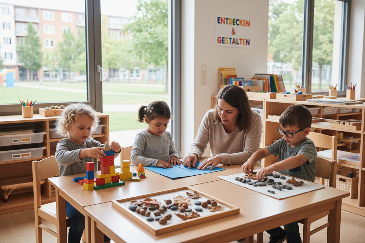 ruhige Übungssituationen zeigen, wie Kinder mit Material, Papier und Begleitung entdecken.