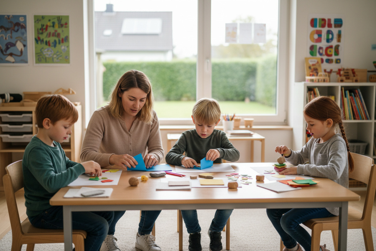 ruhige Übungssituationen zeigen, wie Kinder mit Material, Papier und Begleitung entdecken.