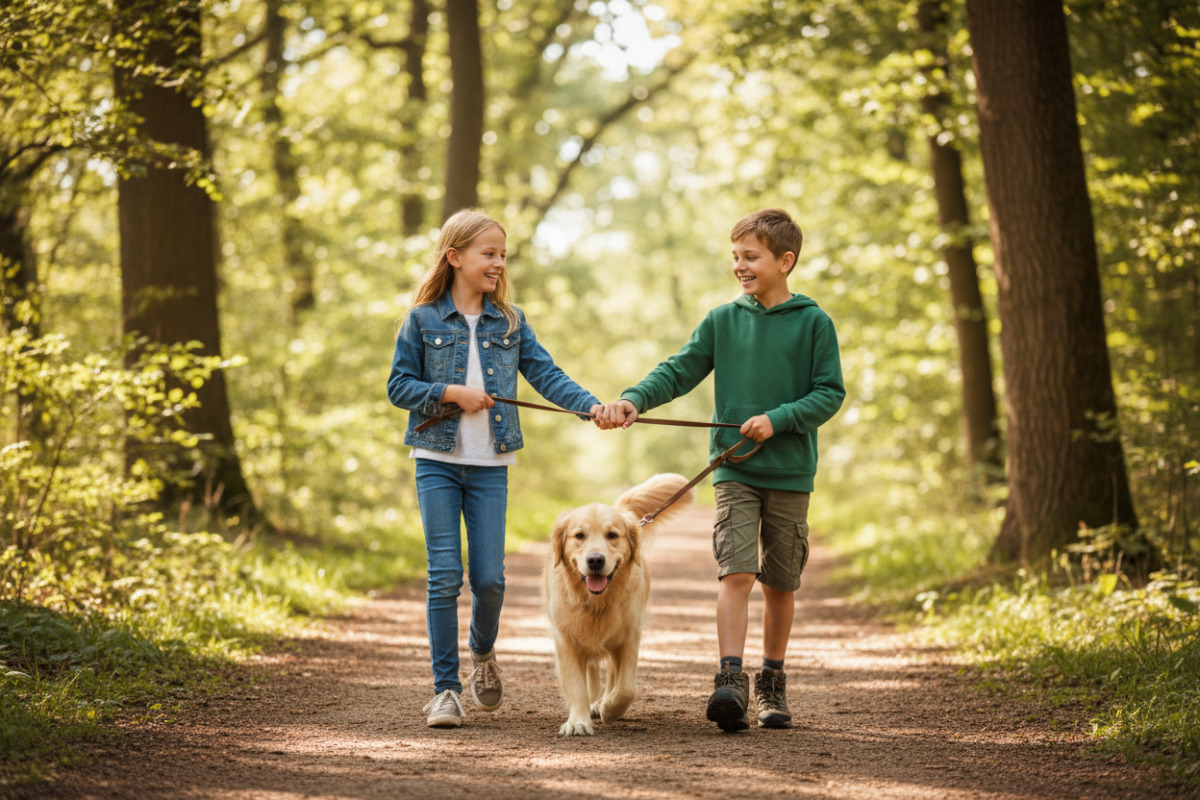 Geschwister führen gemeinsam den Hund an der Leine