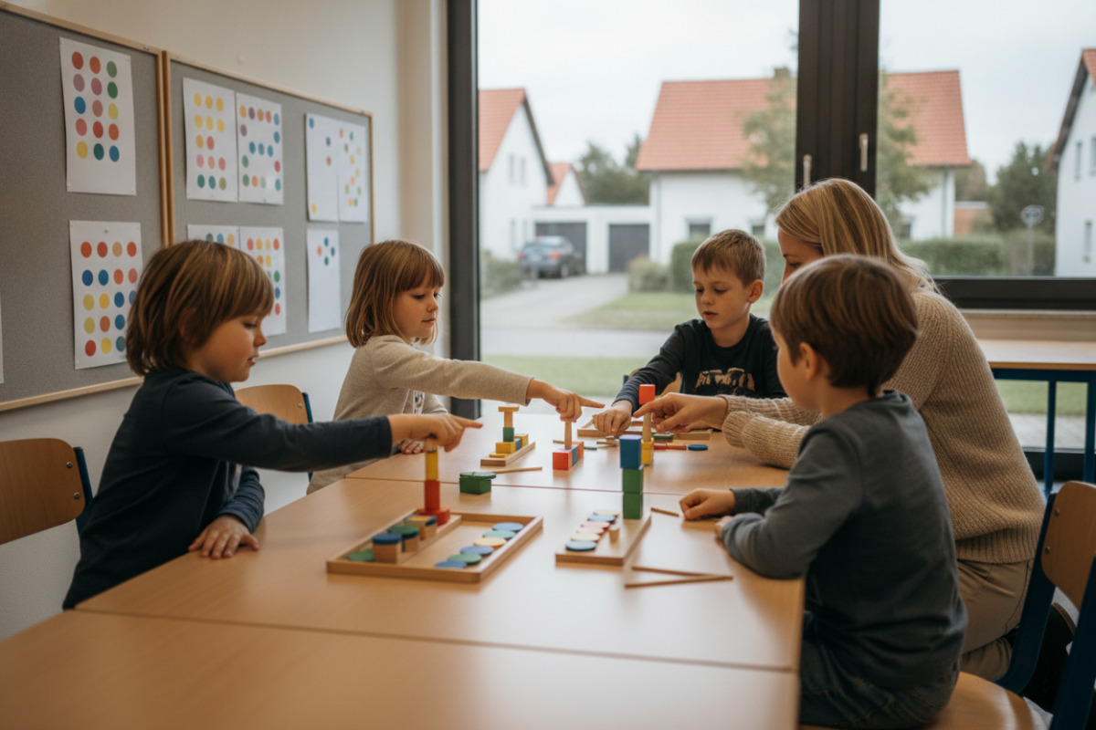 Die Bilder zeigen einfache Zugänge zu Mengen, Formen, Zahlvorstellungen und gemeinsamen Lernroutinen im
