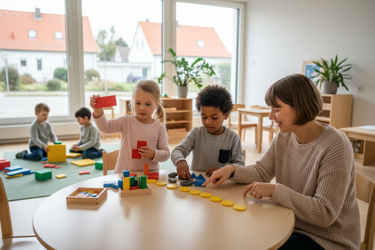 Die Bilder zeigen einfache Zugänge zu Mengen, Formen, Zahlvorstellungen und gemeinsamen Lernroutinen im
