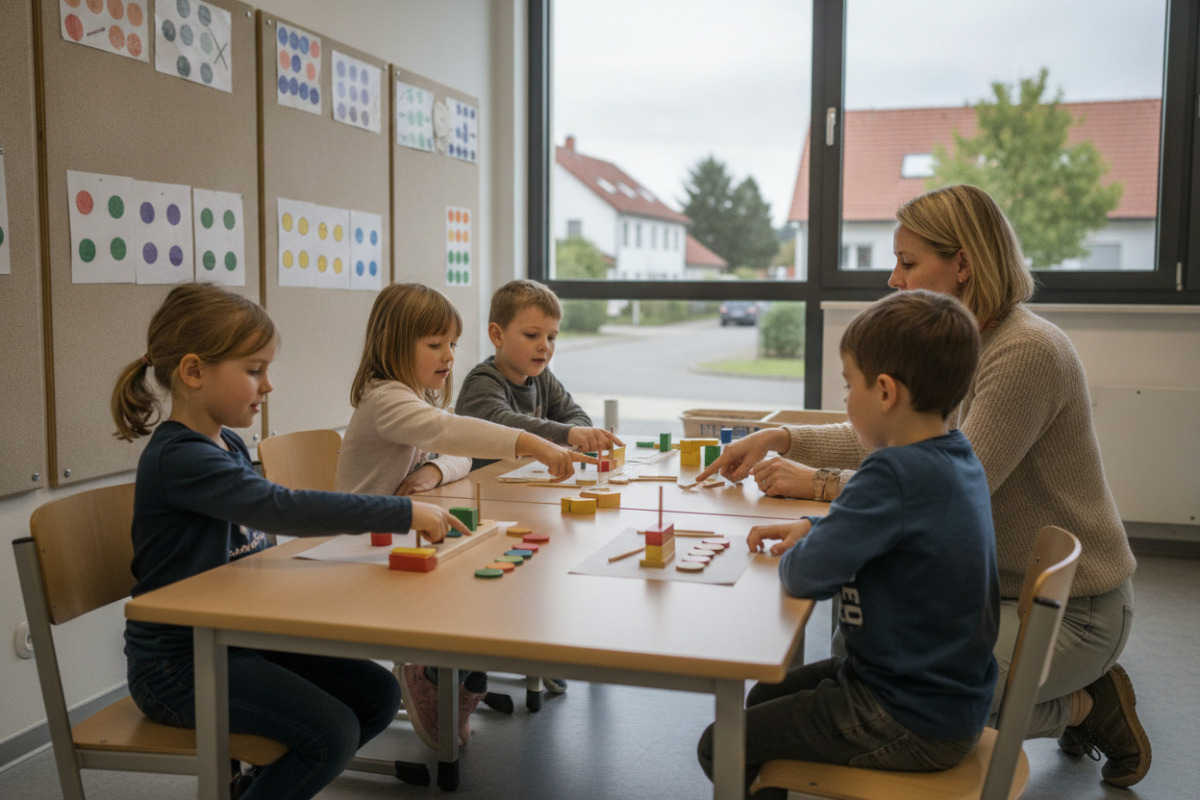 Die Bilder zeigen einfache Zugänge zu Mengen, Formen, Zahlvorstellungen und gemeinsamen Lernroutinen im