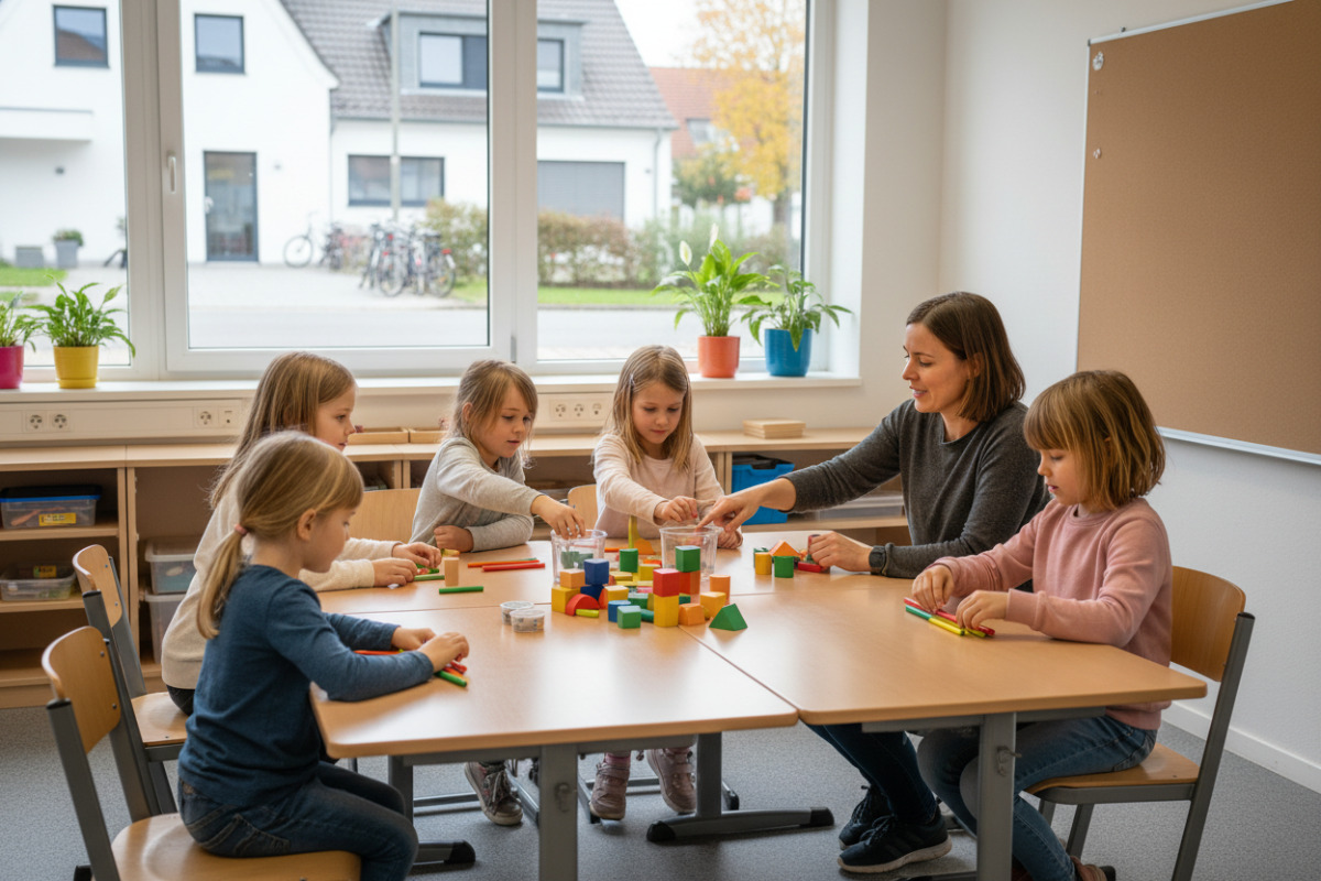 Die Bilder zeigen einfache Zugänge zu Mengen, Formen, Zahlvorstellungen und gemeinsamen Lernroutinen im